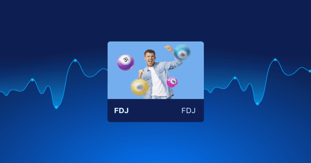 homme joue au loto, avec le mot fdj sur fond bleu avec une courbe boursière représentant l'achat d'action en bourse de l'action FDJ