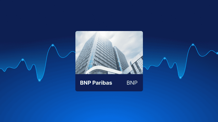 building avec le nom de l'action BNP Paribas et son code mnémonique BNP, sur fond bleu