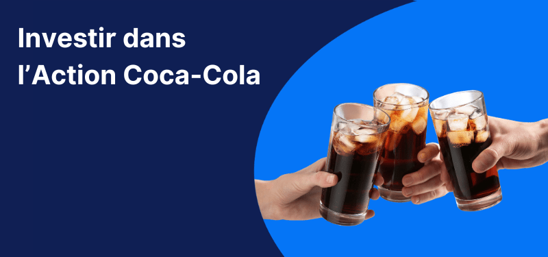 trois personnes trinquent avec trois verres de coca cola et des glaçons, sur fond bleu avec le titre "Investir dans l'Action Coca-Cola"