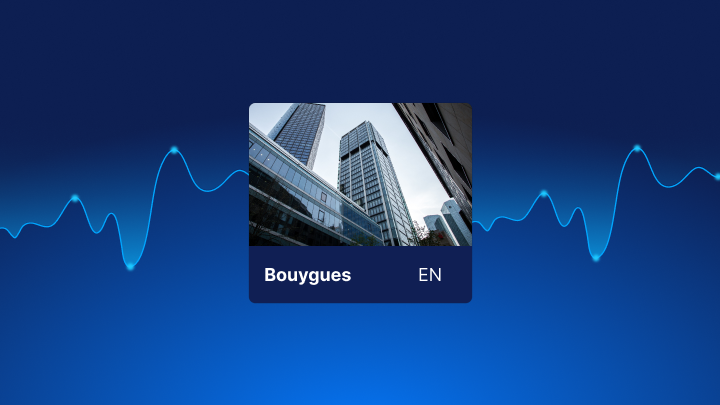 Carré montrant des buildings avec l'EPA de l'action Bouygues avec une courbe en arrière plan