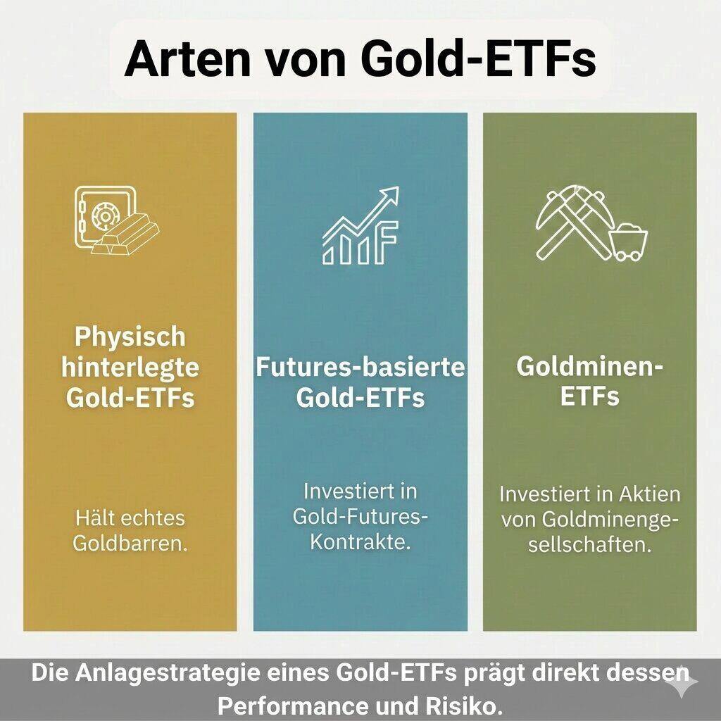Eine Übersichtsgrafik zu den verschiedenen Arten von Gold-ETFs: Physisch hinterlegte Gold-ETFs (hält echtes Gold), Futures-basierte Gold-ETFs (investiert in Kontrakte) und Goldminen-ETFs (investiert in Aktien von Minengesellschaften).