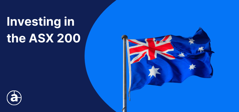 An Australian flag flying on a blue background, with white text reading "Investing in the ASX 200".