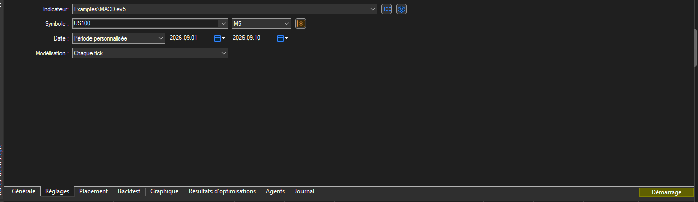 Capture d'écran de l'onglet Réglage du backtesting sous MetaTrader 5