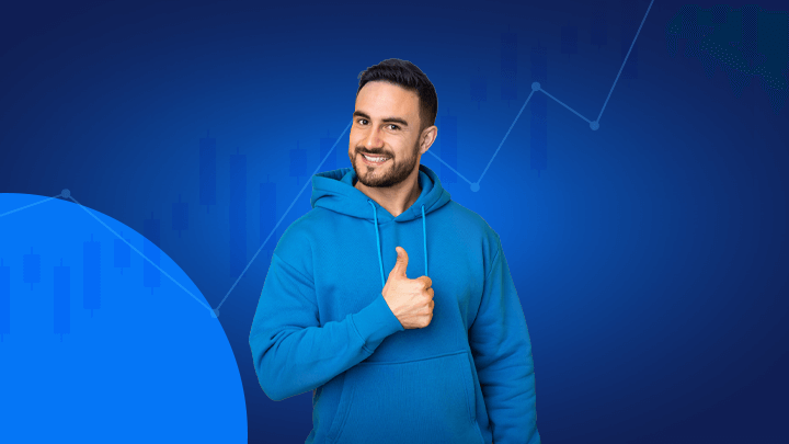 Persona con simbolo ok della mano e con sfondo di un grafico virtuale a barre che rappresenta il backtesting trading.