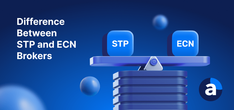 balanced scale showing stp and ecn on each side with a blue background