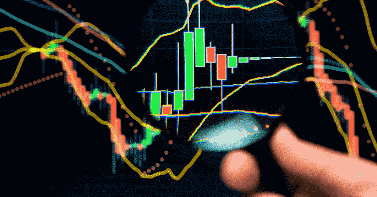 Sfondo nero di uno schermo con rappresentata una parte di un grafico candlestick e le bande di Bollinger.