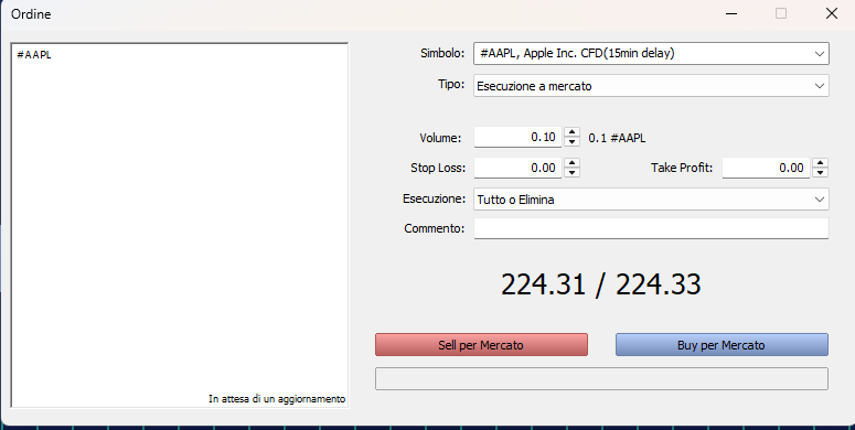 screenshot che mostra la schermata dalla piattaforma MetaTrader5 di come aprire un ordine di trading di acquisto e di vendita sul titolo Apple