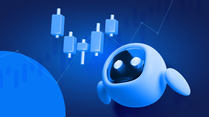Sfondo blu con un robot in movimento che visualizza un grafico a candele e con sfondo un grafico a linee, che rappresenta il bot trading.