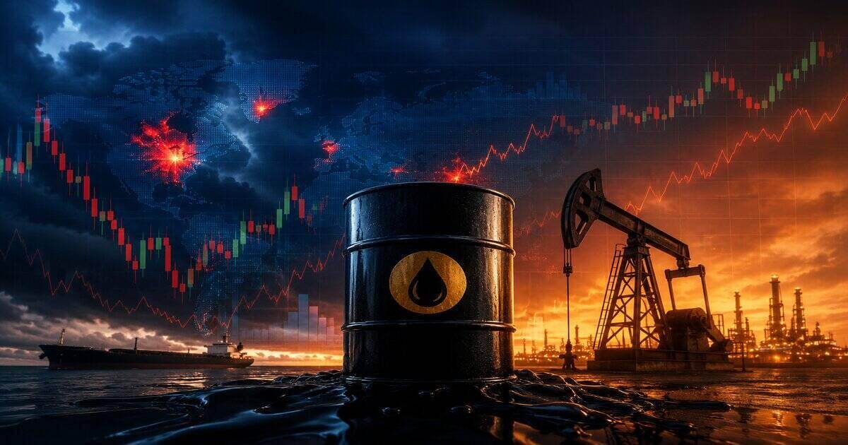 Банер за суров петрол Brent през 2026 г., показващ петролен барел, нефтена инфраструктура, пазарни графики и геополитически риск на фона на повишена волатилност.