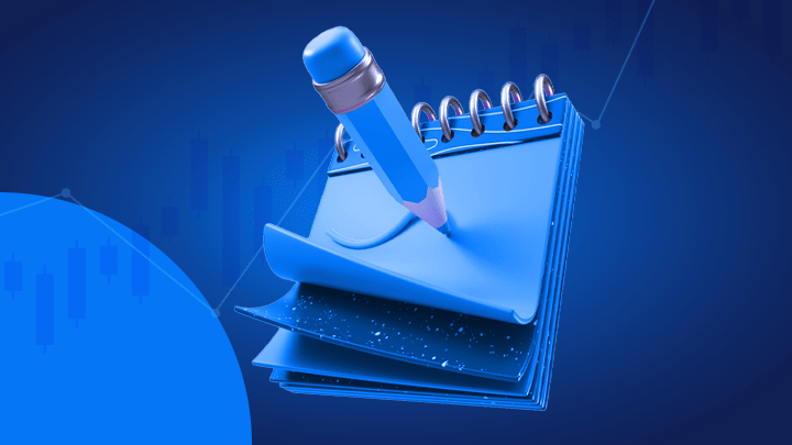 Sfondo blu con un blocco note e una matita per indicare i candlestick.