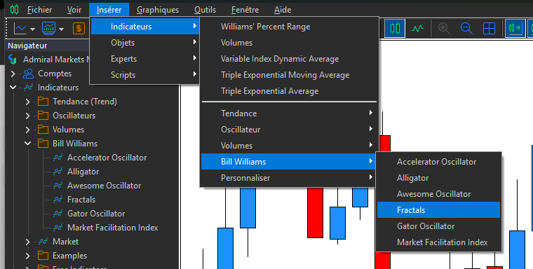 fenêtre MetaTrader 5 avec le chemin pour ajouter l'indicateur Fractals