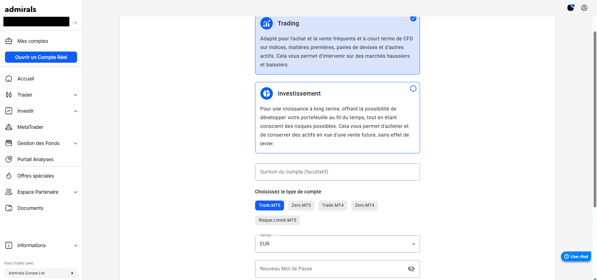 Formulaire d'ouverture de compte de trading sur la plateforme Admirals avec choix entre trading CFD ou investissement à long terme, sélection du type de compte MT4/MT5, devise et création de mot de passe.