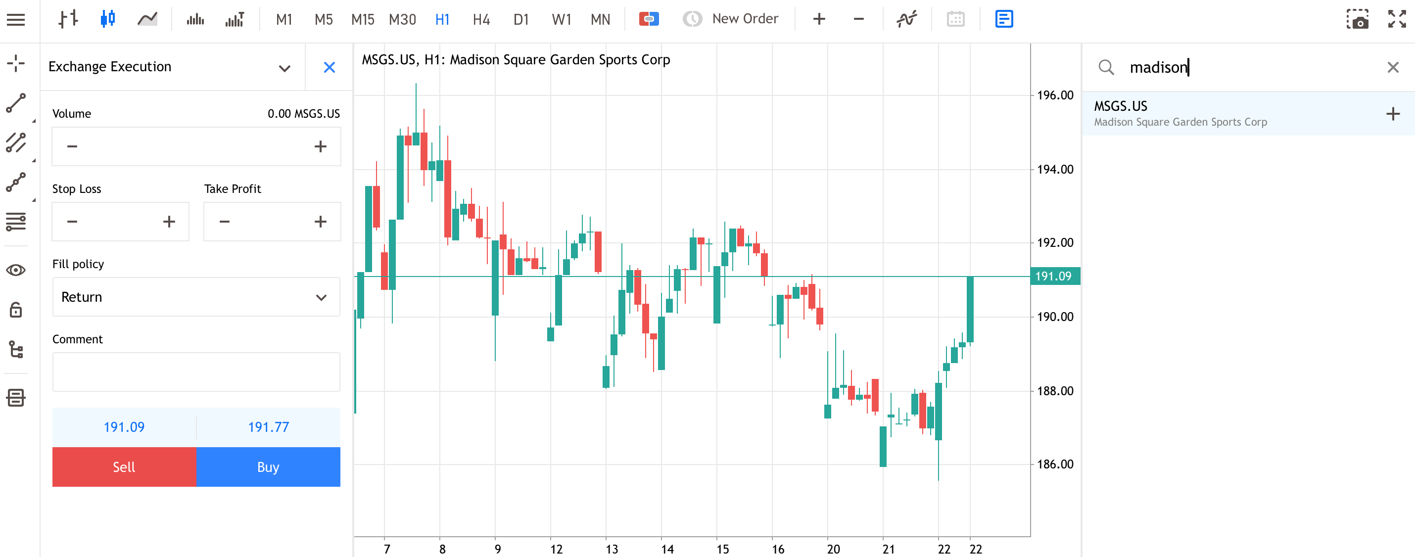 Grafico h1 Nuova finestra dell'ordine per acquistare azioni di Madison Square Gardens Sports utilizzando MetaTrader WebTrader.