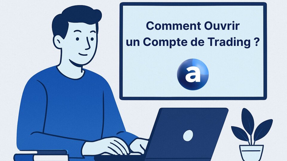 Illustration d’un homme devant un ordinateur portable, avec un écran affichant le texte "Comment ouvrir un compte de trading ?" et le logo d'Admirals