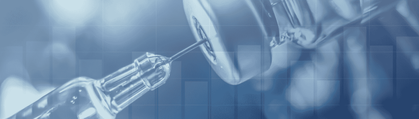 Sfondo azzurro con una capsula di vetro che inietta un altro barattolo di vetro, a indicare il vaccino Moderna e qui comprare Azioni Moderna.