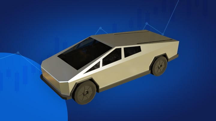 Sfondo blu con grafico di trading a linee e con rappresentata un'auto Tesla, per indicare comprare azioni Tesla