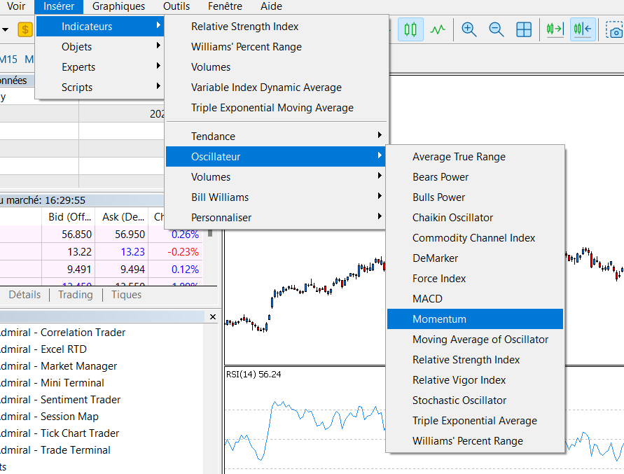 fenetre Metatrader 5 montrant les étapes pour trouver l'indicateur Momentum