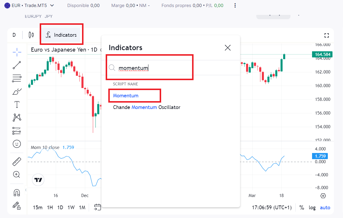 fenetre plateforme admirals montrant les étapes pour configurer l'indicateur momentum