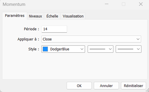 fenetre metatrader 5 montrant les paramètres de l'indicateur momentum
