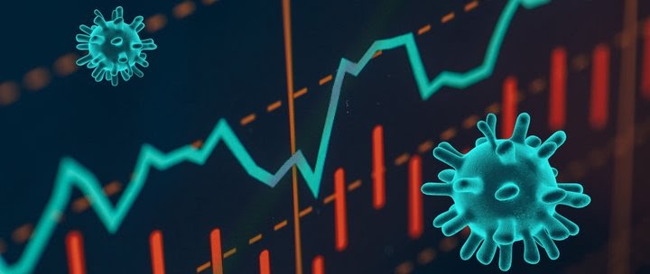 Sfondo di grafici - a linee e a barre - con oscillazioni al rialzo e al ribasso e  due corpuscoli verdi, per indicare il crollo borsa.