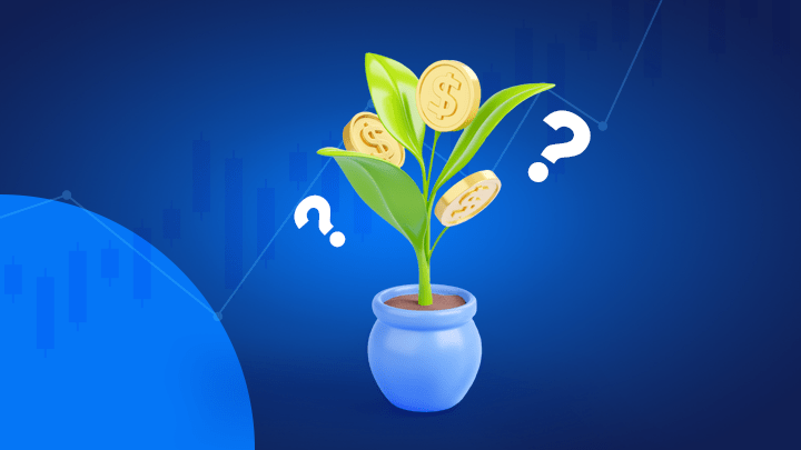 pot de fleur bleu avec une plante et des pièces de monnaie et deux points d'interrogation blancs
