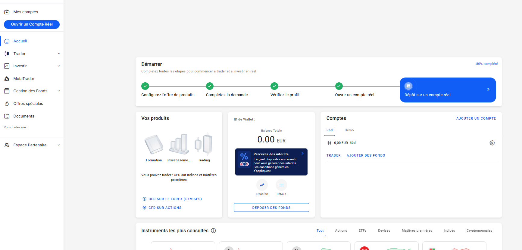 Dashboard Admirals page principale après la connexion
