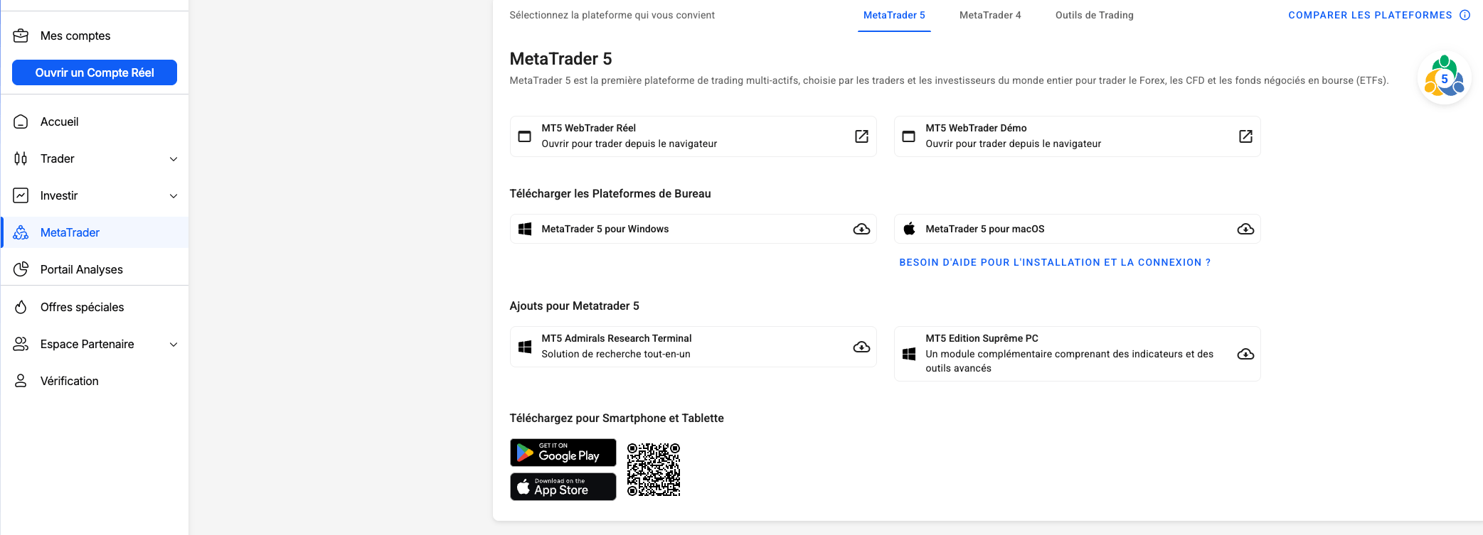 Section des plateformes de trading sur le Dashboard Admirals