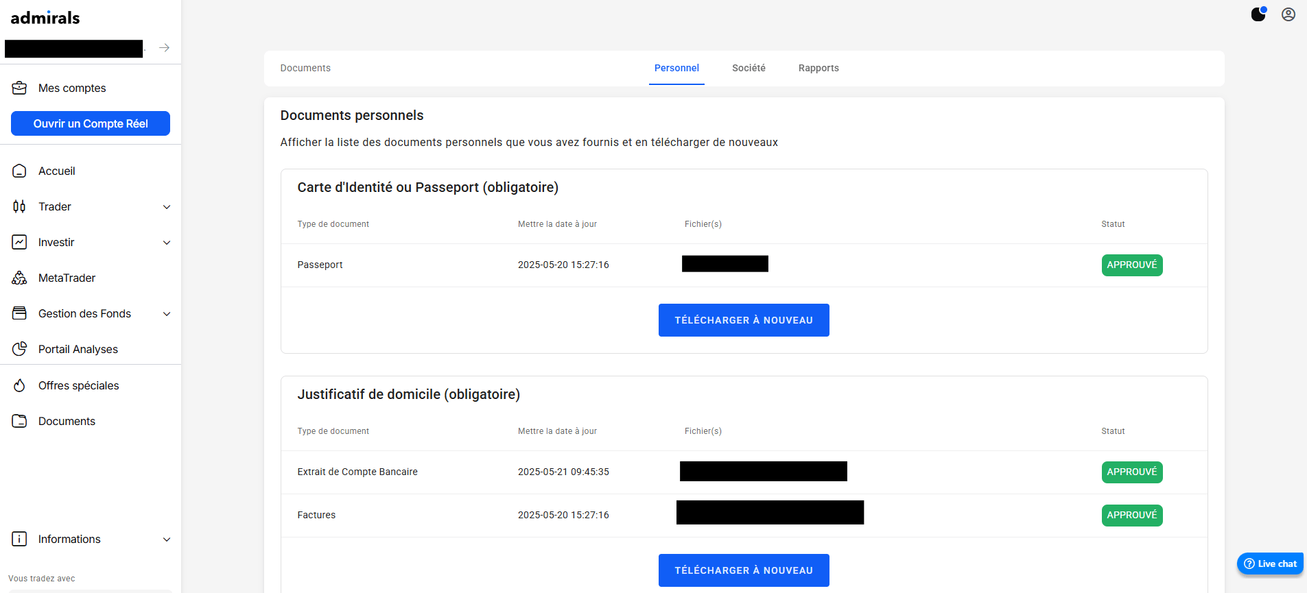 Page de vérification d'identité sur le Dashboard Admirals