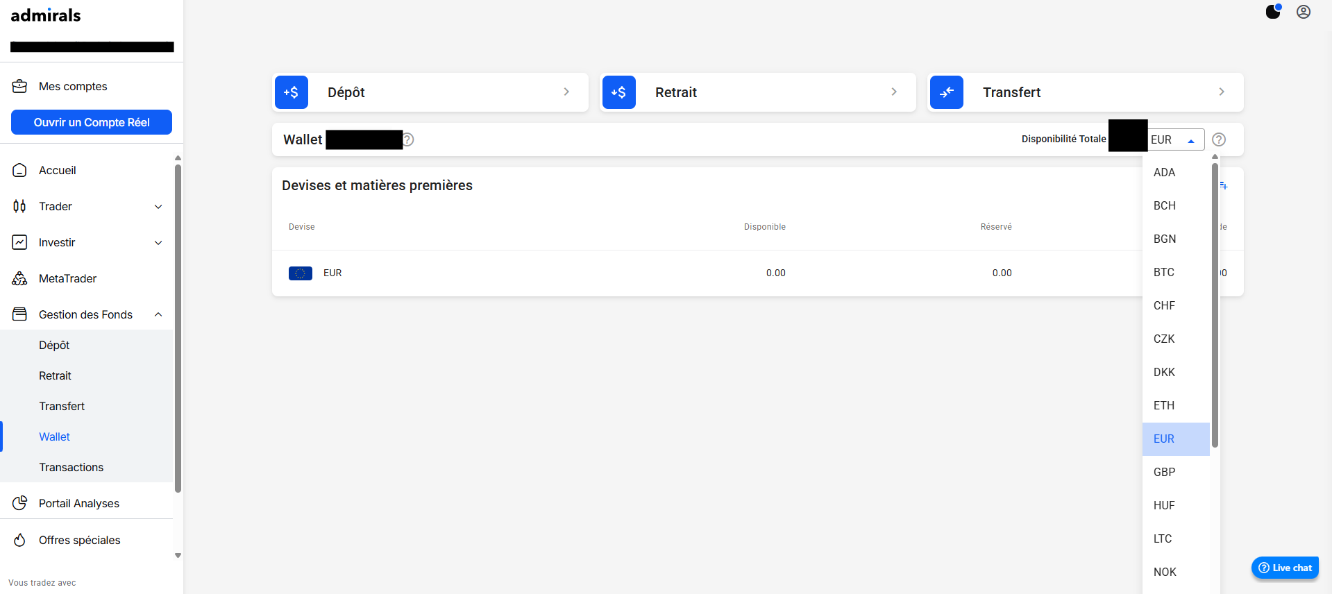 Section Portefeuille Admirals dans le Dashboard Admirals