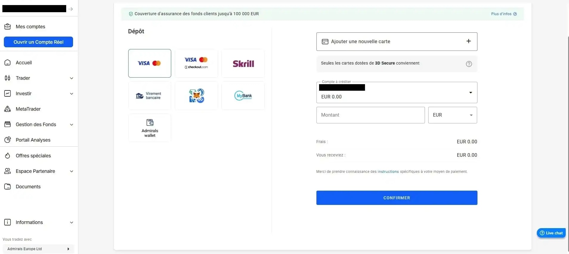 Page de dépôt sur le Dashboard Admirals
