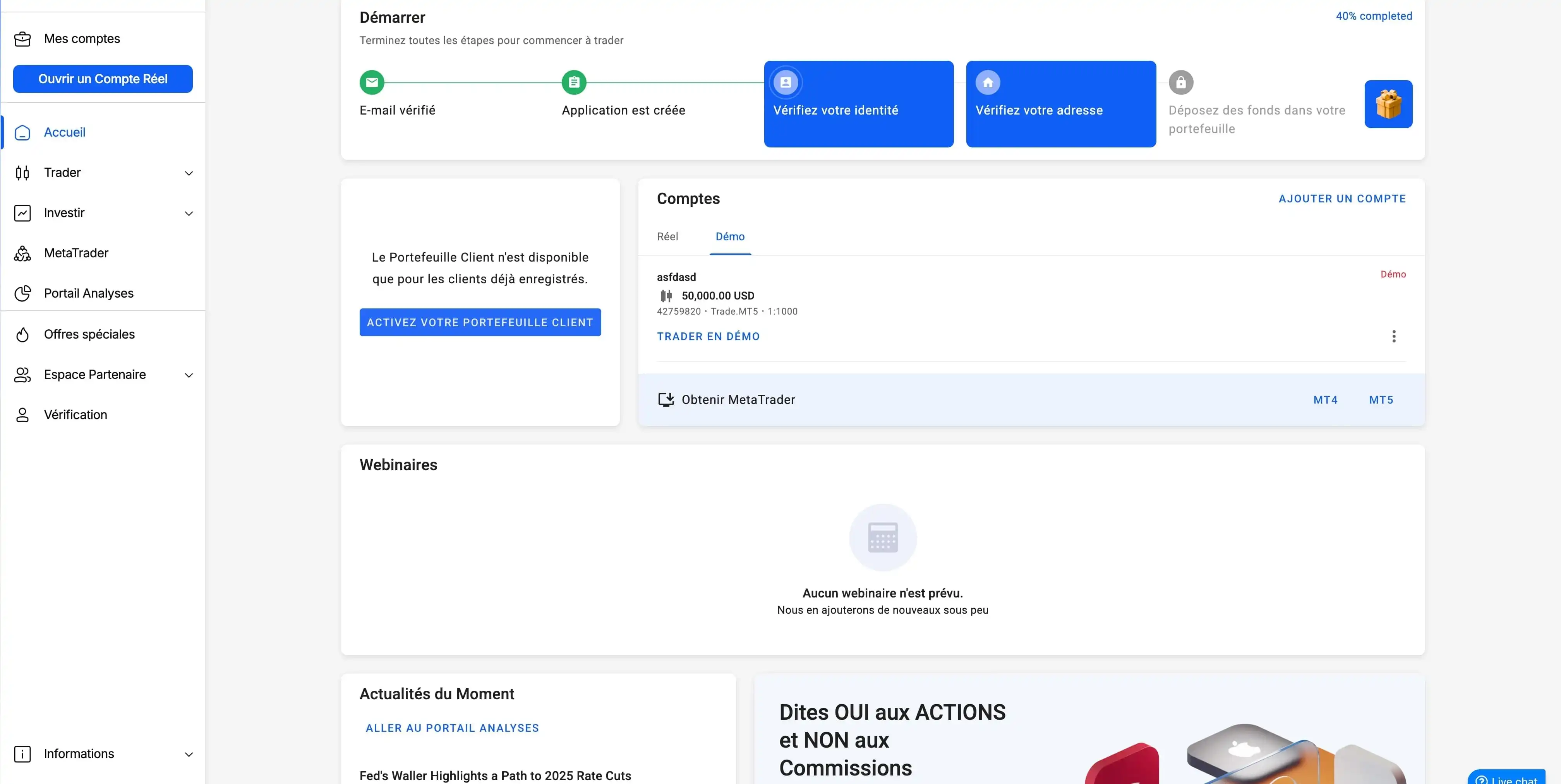 Page d'accueil du Dashboard Admirals