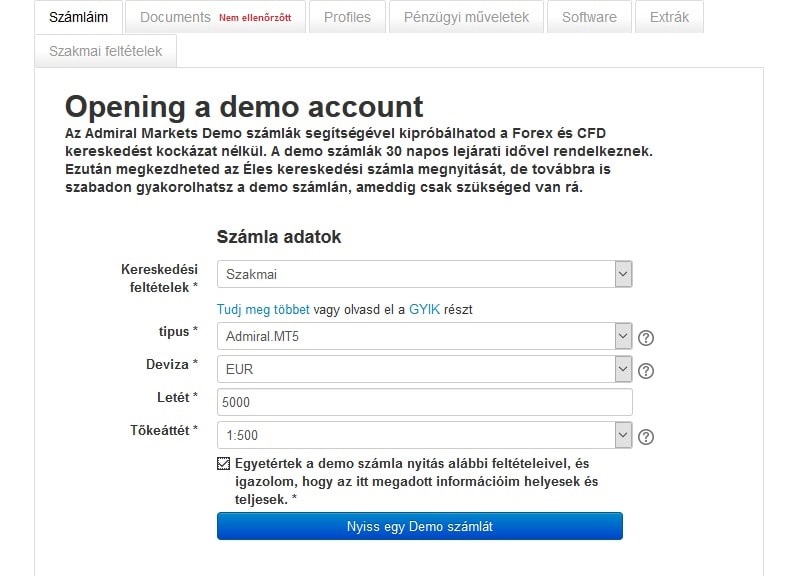 Demo számla nyitás