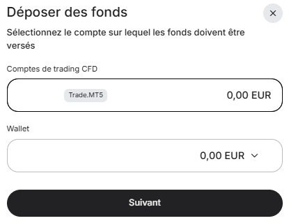 page pour déposer des fonds sur le compte de trading Admirals