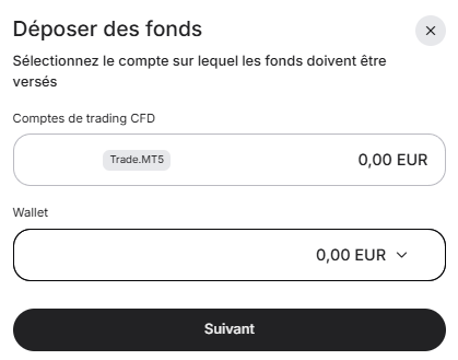 Page pour déposer des fonds sur le Wallet Admirals