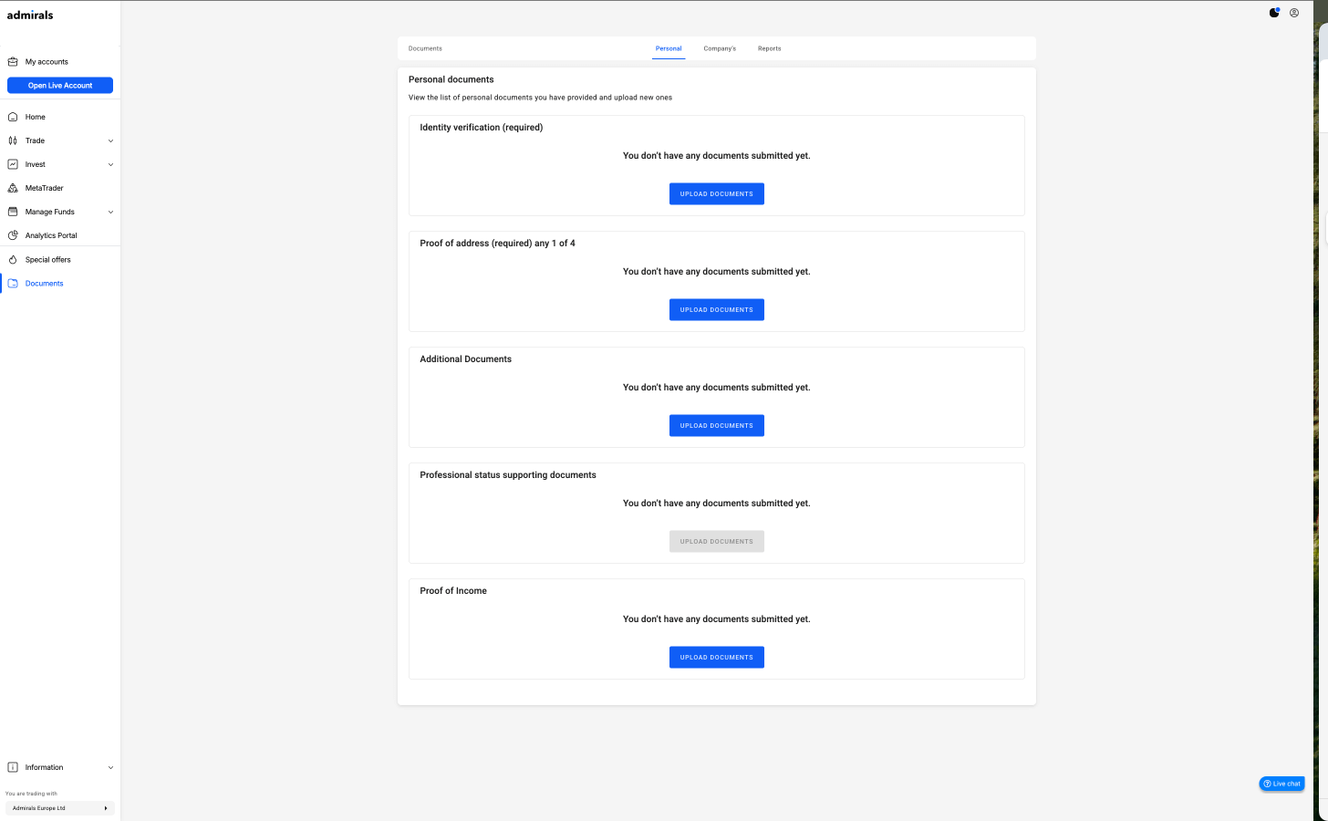 Admirals Dashboard Dokumentumok szekció