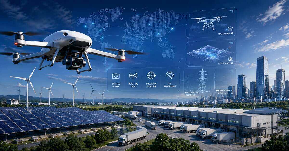 Moderne UAV-Drohne mit digitaler Technologieanzeige und Infrastrukturprojekten – Illustration für einen Artikel über Drohnen-Aktien und den UAV-Markt 2026.