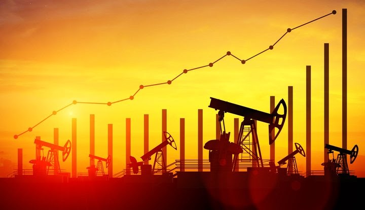 paesaggio su sfondo arancione che rappresenta  una petroliera con diverse colonne e con all'interno un grafico a punti 