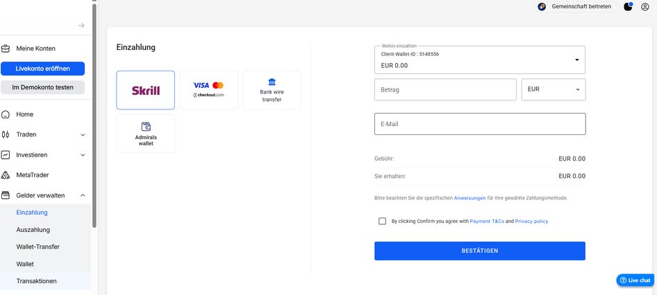 Screenshot der Einzahlungsseite mit verschiedenen Zahlungsmethoden wie Skrill, Visa, Mastercard, Banküberweisung und Wallet
