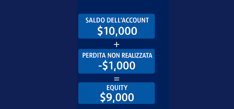 Sfondo blu con tre caselle azzurre su scritte in bianco che mostrano: saldo account USD 10000, perdita non realizzata USD 1000 ed equity USD 9000.