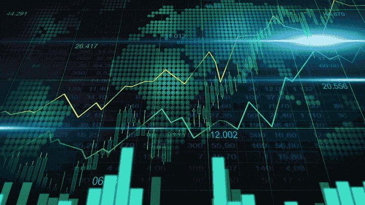 Sfondo di uno schermo con grafici a linee e a barre e con cifre,  a indicare l'equity nel forex quando si fa trading.