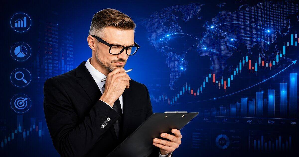 Symbolische Darstellung erfolgreicher Forex Trader mit Marktanalyse, globalen Finanzdaten und Forex-Charts.
