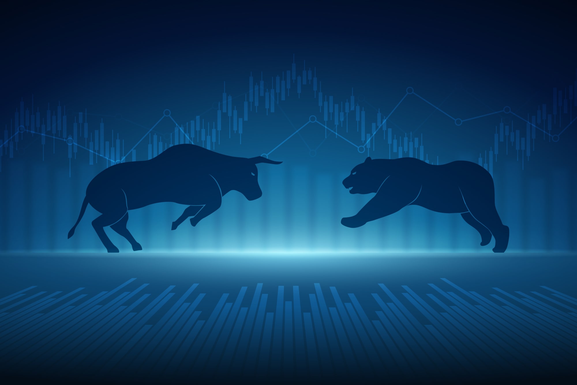 Touro e um Urso frente a frente comparando as diferenças entre investimento e especulação financeira