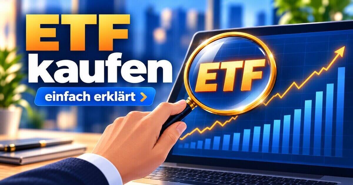 ETF kaufen - Lupe mit ETF-Schriftzug vor einem Börsenchart