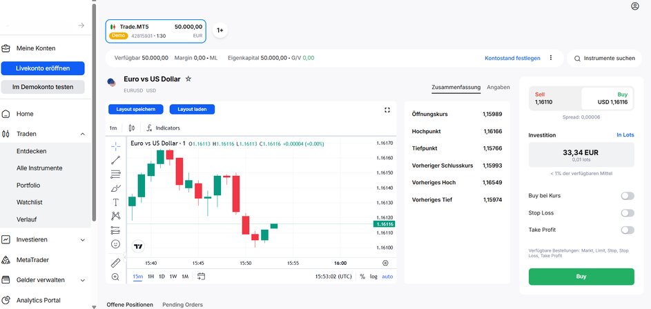 Screenshot der Tradingplattform mit Euro-US-Dollar-Chart, Kursverlauf und Kaufoption im Demokonto