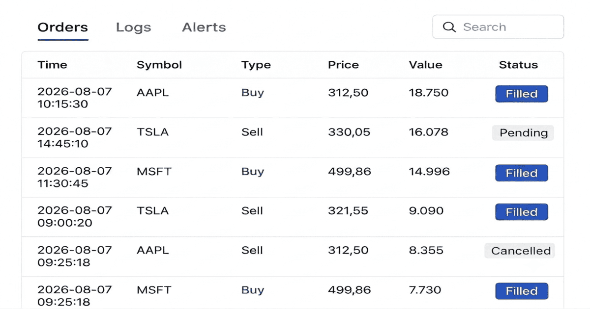 Vue d'ensemble d'un tableau de bord de trading comprenant la liste des ordres, l'horodatage, le code de titre, le type d'ordre, le prix, la valeur de l'ordre et le statut d'exécution.