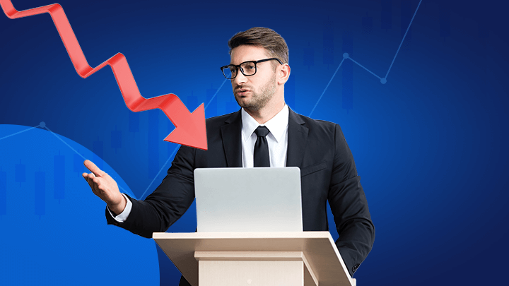 Pessoa a discursar com um gráfico financeiro explicando o que é o FOMC e como a Fed altera as taxas de juro