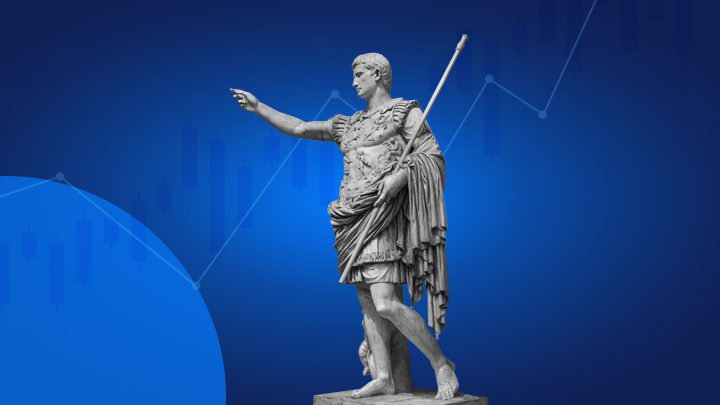 Standbeeld van Romeinse keizer verwijzend naar Market Maker in Forex, met grafiek op de achtergrond.