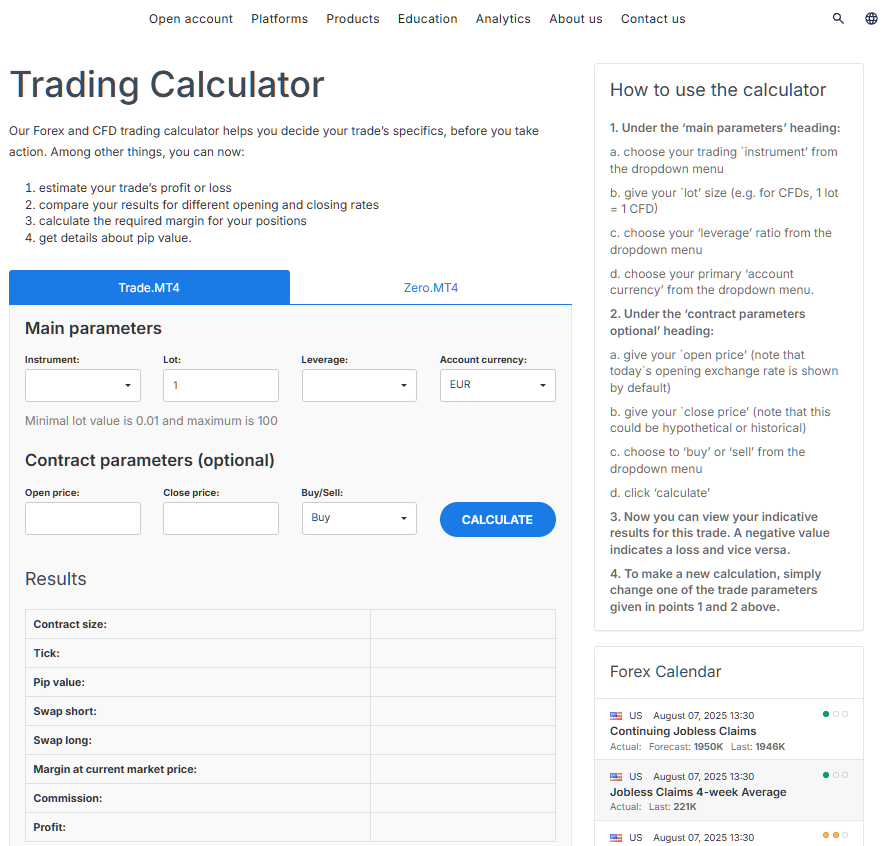 forex risk calculator example from Admirals Group website