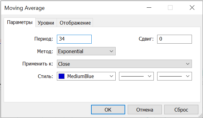 окно настройки индикатора EMA в мт5