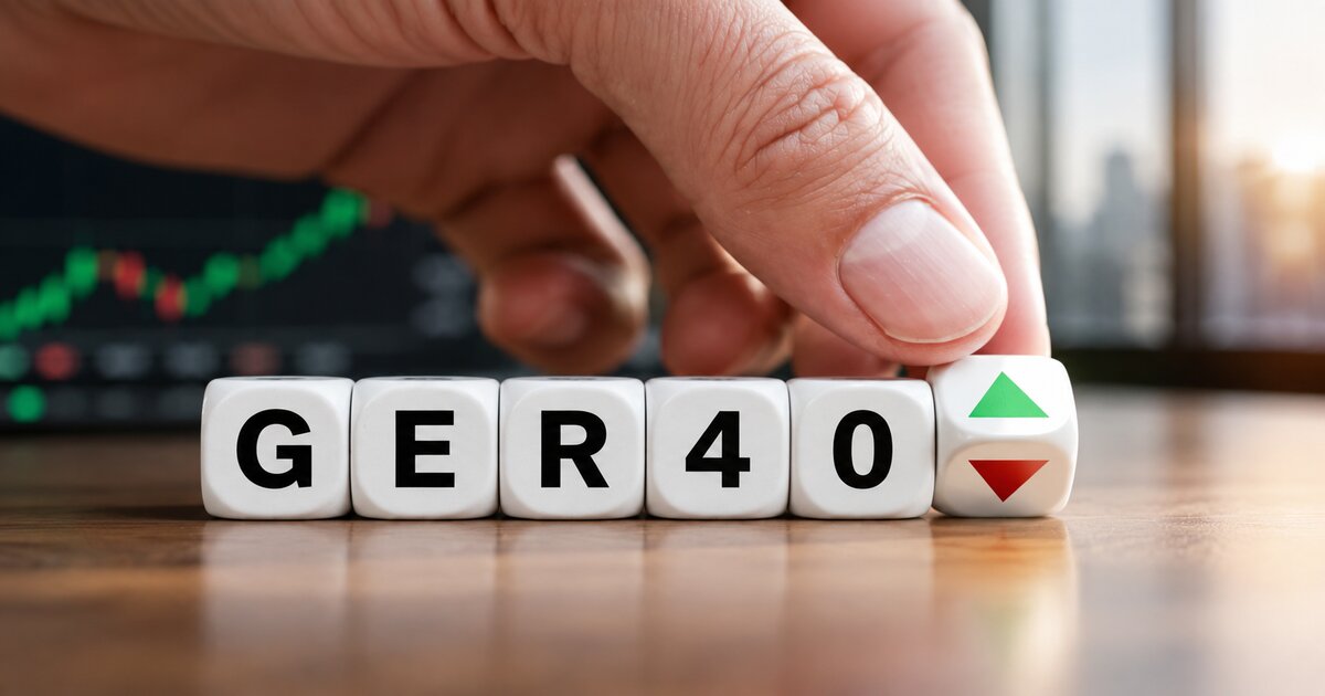 Hand ordnet Würfel mit der Aufschrift GER40 neben Symbolen für steigende und fallende Kurse